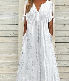 お買い得  -女性用 白いドレス ミディドレス ポケット アイレット デート ストリートファッション スプリットネック 半袖 ブラック ホワイト ピンク カラー