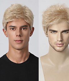 ieftine -perucă scurtă pentru bărbați păr pufos perucă blondă pentru bărbați cu aspect natural păr sintetic perucă completă pentru bărbați folosirea zilnică a costumului cosplay