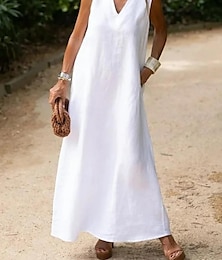 رخيصةأون -نسائي فستان أبيض لباس غير رسمي فستان من القطن والكتان فستان طويل جيب أساسي مناسب للبس اليومي V رقبة بدون كم الصيف الربيع أبيض سهل