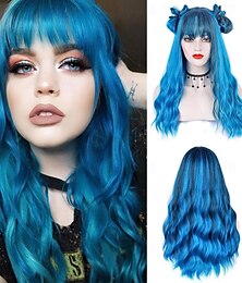 Недорогие -синий парик с челкой длинный волнистый синий парик с воздушной челкой синтетические парики для женщин вьющиеся парики для повседневной вечеринки косплей 24 дюйма