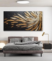 cheap -Hand painted Abstract Feather Oil Painting on Canvas hand painted Modern Wall Art Gold Black Painting for Living Room bedroom Wall Decor Custom Textured Painting artwork