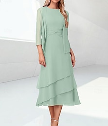 cheap -Sage Column Mother of the Bride Dress Elegant Tea Length Chiffon 3/4 Length Sleeve Wrap Included with Ruching 2024