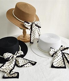 abordables -Élégant Rétro Vintage Rockabilly Fascinateur Chapeau de soleil en paille Pois Pois Déguisement Femmes Mascarade Plage Vacances Décontracté Quotidien Adultes Chapeau