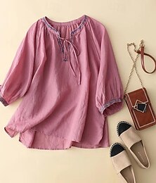 abordables -Femmes Chemise Chemisier Chemises en coton et lin Uni Mode Col en V Rue Quotidien Broderie Blanche Vert Claire Rose Claire Été
