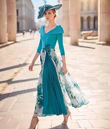 preiswerte -A-Linie Brautmutterkleid Formal Hochzeitsgast Elegantes V-Ausschnitt Knöchellanges Chiffon Stretchgewebe 3/4-Länge Ärmel mit Falten Blumen Derbykleid Rennsportskleid Hochzeitsgastkleid 2025