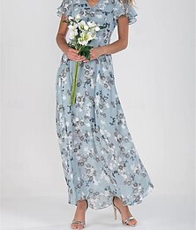 olcso -Női Sifon hétköznapi ruha A vonalú ruha Virágos Nyomtatott V-alakú Maxiruha Vakáció Rövid ujjú Nyár