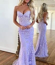 cheap -Mermaid / Trumpet Prom Dresses Elegant Dress Blue Evening Party Sweep / Brush Train Sleeveless Strapless Organza Lace  with Crystals 2024