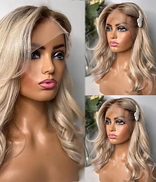 ieftine -păr uman remy 13x4 perucă din față cu dantelă parte liberă păr brazilian perucă blond ondulat 130% 150% densitate păr ombre pre-smuls pentru femei perucă lungă din dantelă din păr uman