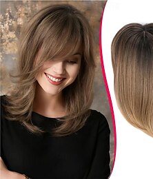 billiga -kort hår topper 12 tum lager hår toppers med gardin lugg för kvinnor med tunt hår eller håravfall syntetiska wiglets hårstycken för kvinnor