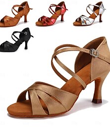 abordables -Mujer Zapatos de Baile Latino Salón Zapatos de Salsa Interior Entrenamiento Profesional Más suave Zapatos Confort Tacones Alto Tacón alto Puntera abierta Hebilla Adulto Plata Marrón Claro Negro