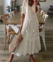 رخيصةأون -نسائي فستان أبيض فستان طويل ماكسي كشكش مواعدة عطلة أناقة الشارع ماكسي V رقبة نصف كم أبيض أحمر أزرق اللون
