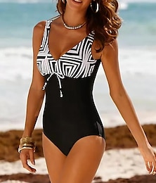 cheap -Women's Normal Swimwear One Piece Monokini Bathing Suits Swimsuit Modest Swimwear Tummy Control Stripe Color Block Striped Strap Vacation Beach Wear Bathing Suits