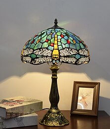 preiswerte -Blaugrüne Vintage-Tischlampe aus Buntglas, 30,5 x 30,5 x 45,7 cm, Libellen-Stil, Nachttisch-Schreibtischlampe für Wohnzimmer, Schlafzimmer, mit 2 LED-Glühbirnen