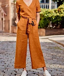 abordables -Mujer Normal Mono Ropa de calle Color sólido Manga Corta Escote en Pico Acordonado Bolsillo Calle Diario Ajuste regular Negro Fucsia Caqui Verano