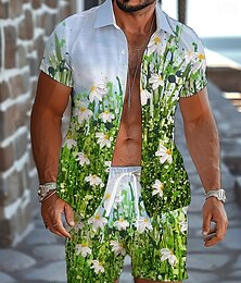 economico -Per uomo Floreale Nube Set di camicie Camicia Camicia di lino Manica Corta Collo alla coreana Resort Vacanza Abbigliamento quotidiano Uscire Bottoni Stampato Estate Primavera & Estate Azzurro cielo