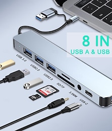 halpa -USB 3.0 USB C Keskittimet 8 satamat 7-in-1 4-IN-1 8-in-1 Korkea nopeus USB-keskitin kanssa USB 3.0 USB 3.0 USB C SD kortti Virransyöttö Käyttötarkoitus Kannettava PC Tablettitietokone