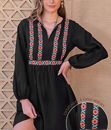 cheap -Women's Embroidered Vintage Western Dress Midi Dress Cotton Lantern Sleeve Check Notched Neck Long Sleeve Vacation Black