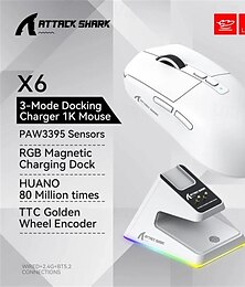 abordables -Attack Shark x6-ratón bluetooth pixart paw3395, conexión trimodo, base de carga magnética táctil rgb, ratón macro para videojuegos