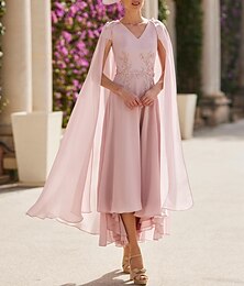 billiga -Strandbröllop A-linjeformade Cocktailklänningar Elegant Klänning Bröllopsgäst Förlovning Ankel Längd Lång Ärmar V-hals Kappor Chiffon med Applikationer 2025 gratis skräddarsydd storlek