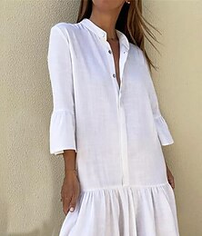 cheap -Women's White Dress Shirt Dress Casual Dress Midi Dress Ruffle Button Basic Daily Stand Collar 3/4 Length Sleeve Summer Spring Black White Plain