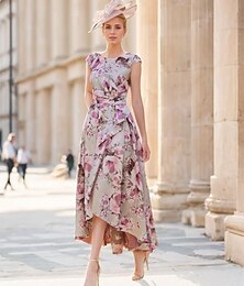 preiswerte -A-Linie Brautmutter Kleid Hochzeitsgast Elegant Vintage V-Ausschnitt Knöchellänge Satin Kurzarm mit Schleife(n) Blumen Hochzeitsgast Kleid 2025 kostenlose Maßanfertigung