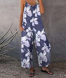 abordables -Combinaison Femme Imprimer Floral Col en U Vêtement de rue Plein Air du quotidien Standard Sans Manches Bleu S Eté