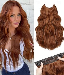 voordelige -onzichtbare draad hair extensions - 20 inch halo hair extensions kastanjebruin lang golvend synthetisch haarstukje met transparante draad verstelbare maat 4 veilige clips voor dames