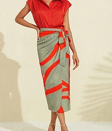 abordables -jupe mi-longue en satin color block à taille élastique