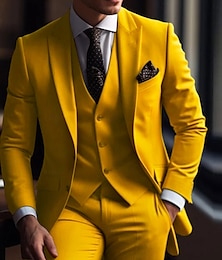 billiga -gula balkräkter för män bröllopsdräkter 3-delad enfärgad slim fit enkelknäppt två-knappar 2024