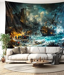 Недорогие -Пиратский корабль картина маслом висит гобелен стены искусства большой гобелен фреска декор фотография фон одеяло занавеска дома спальня гостиная украшения