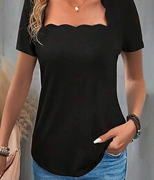 お買い得  -レディース スカラップネックライン Tシャツ 半袖 無地 スリムフィット ストレッチ カジュアル ファッション トップス ブラック