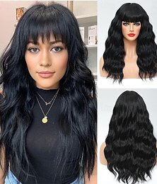 billige -sorte parykker til kvinder 18 tommer langt bølget krøllet hår parykker med pandehår syntetiske erstatningsparykker varmebestandige fiber fest kostume paryk
