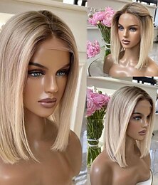 economico -Capelli umani di Remy 13x4 Pizzo Frontale Parrucca Bob corto Brasiliano Liscio Multicolore Parrucca 130% 150% Densità dei capelli con i capelli del bambino Capelli schiariti 100% Vergine Pre-a pizzico