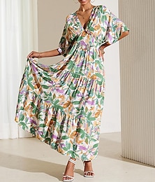 Χαμηλού Κόστους -Γυναικεία Σιφόν Φορέματα σιφόν Φόρεμα ριχτό από τη μέση και κάτω Φόρεμα για τον ήλιο Φλοράλ Πλισέ Με Βολάν Λαιμόκοψη V Μίντι φόρεμα Κομψό Χαβανέζα Γάμου Πάρτι Μισό μανίκι Καλοκαίρι