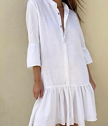 Χαμηλού Κόστους -Γυναικεία Λευκό φόρεμα Φόρεμα πουκαμίσα Καθημερινό φόρεμα Μίντι φόρεμα Με Βολάν Κουμπί Βασικό Καθημερινά Όρθιος Γιακάς 3/4 Μήκος Μανικιού Καλοκαίρι Άνοιξη Μαύρο Λευκό Σκέτο