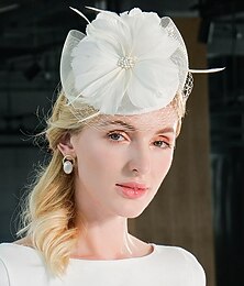 お買い得  -ヘッドバンド、ファシネーター、帽子、チュール、シナメイ、山高帽/クローシュハット、ピルボックスハット、シルクハット、ウェディング、ティーパーティー、エレガントなウェディング、羽根付き、花柄のヘッドピース、帽子