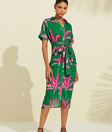 voordelige -Dames Jurk met print Midi-jurk Halflange jurk Groen Korte mouw Planten Gerimpeld Zomer V-hals Patroon jurk S M L