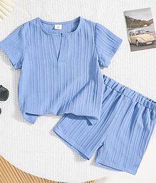preiswerte -2 Stück Baby Jungen T-Shirt & Shorts Outfit Feste Farbe Kurzarm V-Ausschnitt Set Schulanfang Neutral Modisch Sommer 3-7 Jahre Blau