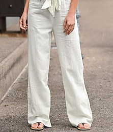 abordables -Femme Ample Pantalon Coton et lin Poche Coupe haute Taille haute Longue Noir Eté
