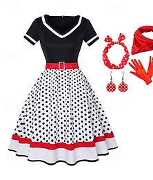 economico -Completo anni '50 vestito svasato cintura 7 pezzi set di accessori anni '50 abito altalena vintage retrò costume cosplay da donna festa appuntamento festival
