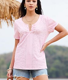 billige -Dame T-shirt Henley-skjorte Bluse Vanlig Afslappet Knap Udskæring Lyserød Kortærmet Basale V-hals