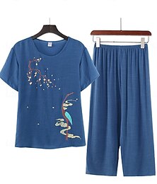 abordables -Conjuntos de pijamas para mujer, moda floral, comodidad para el hogar, uso diario, cama de algodón y lino, transpirable, cuello redondo, manga corta, camiseta, pantalones cortos, cintura elástica,