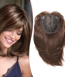 cheap -7x7inch Hair Toppers for Women with Large Base Cover for Thining Hair or Hair Loss,Short Hair Toppers for Women with Thinning Hair Synthetic Toppers Hair pieces for women Brown with highlights