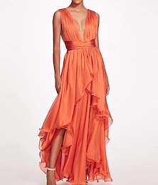 preiswerte -A-Linie Ballkleider Elegant Kleid Formal Sommer Asymmetrisch Ärmellos V Ausschnitt Chiffon mit Gerafft 2024