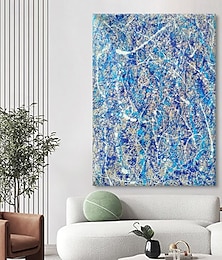billiga -handmålad jackson pollock abstrakt illustration målning blå vita linjer kanfasmålning för vardagsrumsvägg (ingen ram)