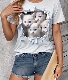 voordelige -Dames T-shirt dier Dagelijks Weekend Afdrukken Wit Korte mouw Modieus Ronde hals 3D cat Zomer