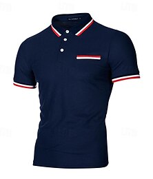 cheap -Men's Polo Shirt Golf Shirt Work Casual Lapel Short Sleeve Basic Modern Color Block Stripes Button Print Spring & Summer Regular Fit Black White Navy Blue Light Grey Polo Shirt