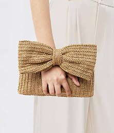 abordables -Femme Sac à main Mini Sac de Poignet Paille Vacances Plage Voyage Noeud Multi-portage Tissé Noir Kaki Arc-en-ciel