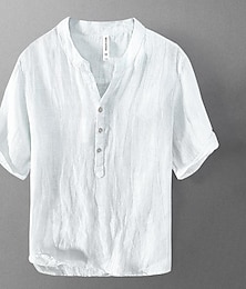 billige -Herre Skjorte linned skjorte Casual skjorte Bomuldsskjorte Sort Hvid Kakifarvet Kortærmet Vanlig V-hals Sommer Gade Hawaiiansk Tøj Knap ned