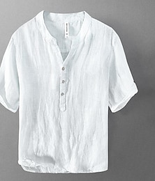 abordables -Homme Chemise Chemise Lin Chemise décontractée Chemise en coton Noir Blanche Kaki Manche Courte Plein Col V Eté Plein Air Hawaïen Vêtement Tenue Bouton bas